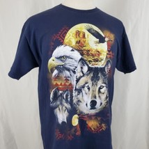 Vintage Bald Eagle Gray Wolf T-Shirt Adult Large Blue Southwest Native American - £20.12 GBP