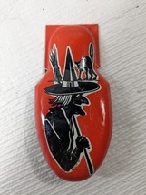 Vintage Kirchhof Tin Halloween Witch &amp; cat black orange Noisemaker Newark NJ - £23.49 GBP