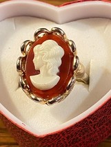 Vintage Goldtone &amp; Dark Coral, White Faced Cameo Facing Right, Oval Ring, Adj. - £12.76 GBP