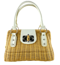 Kelly &amp; Katie Basket Purse Woven Wicker Bamboo Toggle White Straps  - $38.69