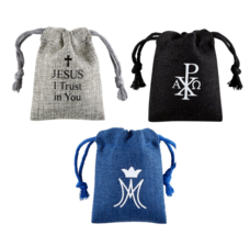 (3 pk) Linen Rosary Pouches Bags Chi Rho Ave Maria Jesus I Trust in You Catholic - £9.42 GBP