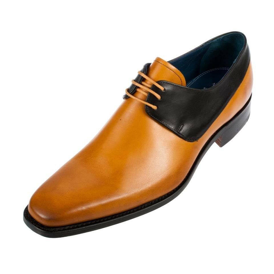 Two Tone Tan Black Cont Derby Burnished Toe Genuine Leather Laceup Shoes US 7-16