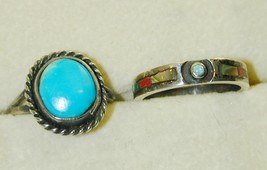 2 Sterling Native American Rings Turquoise &amp; Multi Gemstone Inlay 4 &amp; 4.5 - $29.99