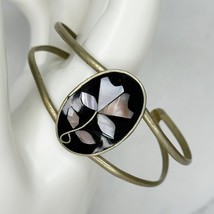 Vintage Silver Tone Mother of Pearl Shell Flower and Black Inlay Cuff Bracelet - £19.38 GBP