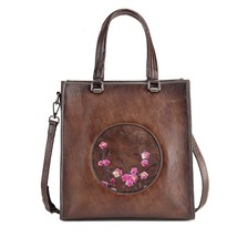 First Layer Cowhide Shoulder Bag Female Handbag Floral Embossed High Quality Vin - £101.39 GBP