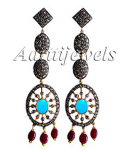 Victorian 3.95ct Rose Cut Diamond Turquoise Ruby Earrings Christmas Holidays - £649.59 GBP