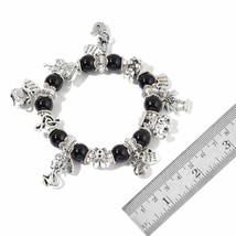 Black Agate Round Beads (10mm) Silvertone Bracelet W/ Charms NEW  #JB1026 - £9.03 GBP