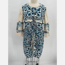 Chico&#39;s Artisan Printed Linen Jacket Sz 1 Blue Off White 100% Linen Open Front - £28.21 GBP