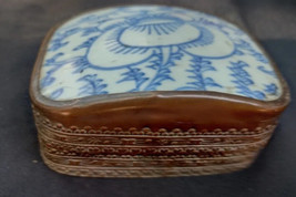 old  Chinese Blue White Porcelain Shard Trinket Pill Box Silver Plated C... - $46.53