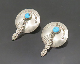 NAVAJO 925 Silver - Vintage Cabochon Turquoise Feather Drop Earrings - EG9636 - £74.17 GBP