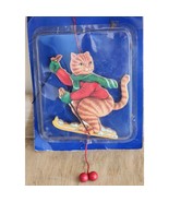 Vintage Wooden 3D Skiing Cat W/ Movement Ornament In Package See Pictures - $11.67