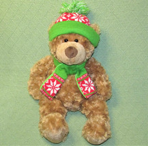 17" Hugfun Teddy Plush Winter Hat And Scarf Stuffed Animal Tan Green Red Toy - £8.91 GBP