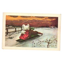 Vintage Oldtime Ecology Christmas Postcard Snowy Sunset Sledding Scene Art Print - £7.10 GBP