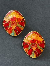 Large Cranberry Red Green Enamel Floral Cloisonne Goldtone Trapezoid Post Earrin - £8.87 GBP