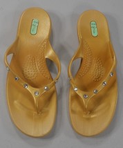 Oka Bee  Chloe Beach Sandals Gold Flip-flops Flats Rhinestone Studs Womens Large - £20.04 GBP