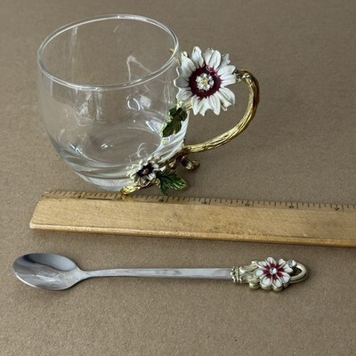Enamel Flower Glass Coffee Mugs Tea Cup with Steel Spoon Floral Item image 9