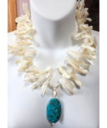Diana Venezia Necklace 925 Clasp Mother of Pearl W/Large Turquoise Penda... - $144.22 CAD