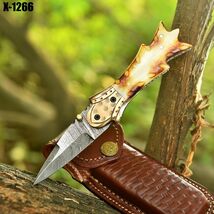 Damascus Folding Double edge Blade Pocket Knife - Dagger - Camel Bone Ha... - $49.45