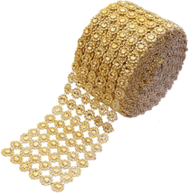 Crafts Faux Diamond Bling Wrap 4&quot; X 10 Yards 6 Rows Gold Flower Pattern Faux Rhi - £16.51 GBP