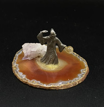 Pewter Wizard Mounted on a Sliced Geode Agate Figurine Crystal Ball - $23.75