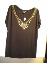 New August Silk Womens Sz S Brown with Gold Short Sleeve Shirt Top Embellished V - £9.33 GBP