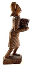 Vintage Hand Carved Wooden Folk Art Statue of Woman Carrying Basket 9.75” - $11.23