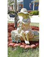 One of a kind 2 piece girl in hat sitting on log w bunny vtg outdoor dec... - €259,66 EUR