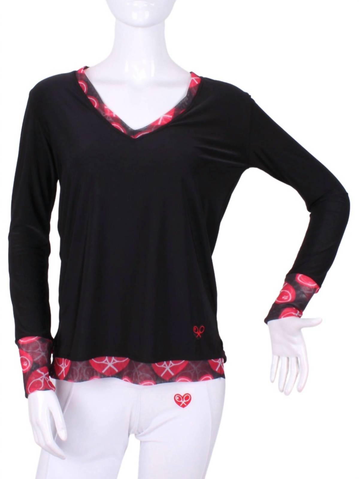 Love Love Tennis Women&#39;s Long Sleeve Heart Very Vee Tee Black - $159.00