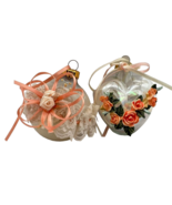VTG Christmas Ornaments Peach Glam Cottagecore Heart Roses Glass Set 2 - £7.62 GBP