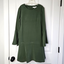 Tibi 100% Silk Crew Mini Dress Size 2 Lined Bell Sleeves Juniper Green - £34.09 GBP