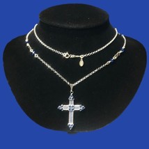 Sterling Silver Blue Crystal Cross Long Chain With Beads 32” - £99.11 GBP