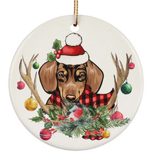 Cute Red Dachshund Dog With Antlers Reindeer Flower Xmas Circle Ornament Gift - £13.38 GBP