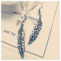 Retro Turquoise Feather Dangle Earrings Ancient Silver Dual-color Earrings NEW - £15.81 GBP