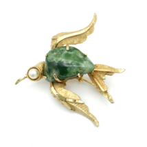 BSK vintage flying bird brooch -  gold-plated w/ green stone belly pearl eye pin - £18.17 GBP
