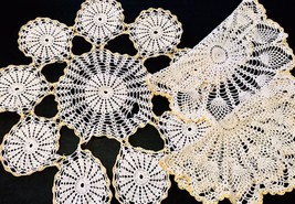 Vintage Hand Crocheted Marigold &amp; Ivory Set Of 3 Lg. &amp; XL Cotton Round Doilies - £15.24 GBP