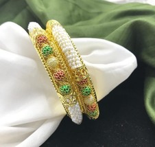 Gold Plated Indian Bollywood Style Pearl Women&#39;s Bangles Kada Jewelry Bridal Set - £22.40 GBP