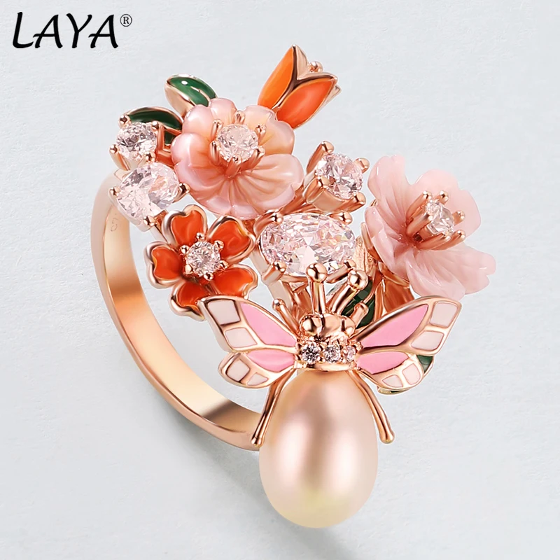 925 Sterling Silver High Quality Zircon Natural Pearl Shell Flower Leaf Enamel R - $72.31