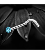 925 Sterling Silver Nose Stud Screw Pin 1.6mm Aquamarine Rhinestone Dainty  - $8.81