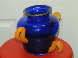 Original Heavy Art Glass Vase 8&quot;x10&quot; Blue &amp; Orange Contemporary Abstract... - $26.99