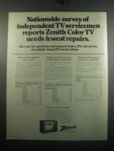 1972 Zenith Televisions Ad - Nationwide survey of independent TV Service... - $18.49