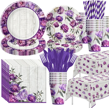 Peony Party Decorations Dinnerware, Purple Peony Floral Party Supplies, ... - $43.37