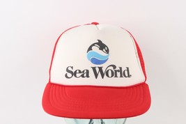 Vintage 90s Sea World Shamu Whale Spell Out Roped Trucker Hat Snapback Red White - £23.23 GBP