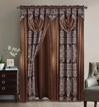 Maya Flowers Brown Curtains Windows Panels With Attached Valance 2 Pcs Set - £39.68 GBP