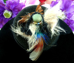Female FEATHER FIGURE Pin Vintage Brooch Beads Handcrafted  Black Hair Braids - £11.95 GBP