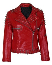  Women&#39;s Red Brando Belted Leather Jacket Silver Spike Red Studded leather  - £207.97 GBP
