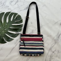 Fossil Cross Body Purse Bag Pink Blue Striped Coated Canvas Slim Leather Trim - £23.65 GBP