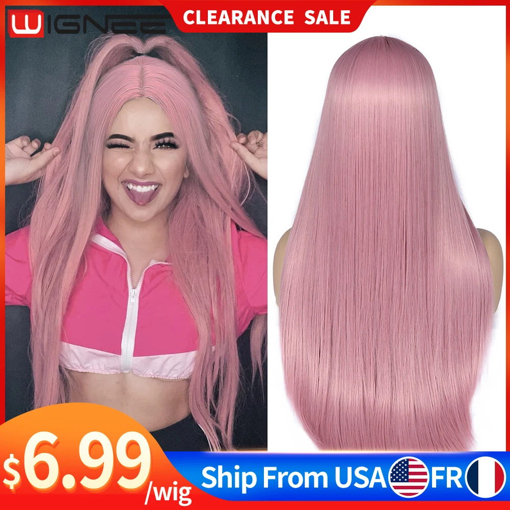 Wignee Pink Long Straight Hair Synthetic Wig For Women Cosplay Wig Pink Midd - £13.99 GBP+