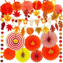 40 Pack Fall Party Decorations Set  Includes Autumn Hanging Paper Fans Pom Poms  - £26.57 GBP