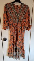 Womens S Umgee Multicolor Orange/Teal V-Neck Maxi 3/4 Sleeve Dress - $28.71