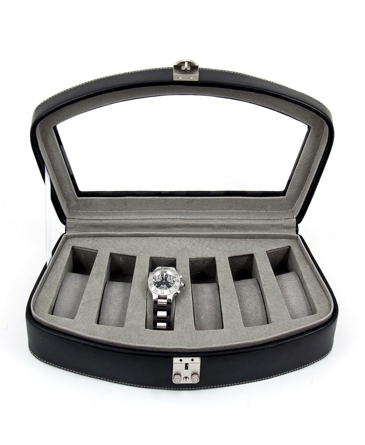  Bey-Berk  Watch Box Genuine leather Black 6 Watch Case Glass Top - $109.95